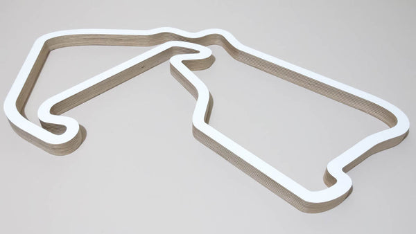 Silverstone GP Circuit UK Formula 1 Motorsport Wooden Wall Art Sculpture Inverted Aerial View in a White Finish