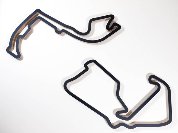 Silverstone and Circuit de Monaco Monte Carlo F1 Racing Track Wall Art Sculptures Displayed Together Aerial View in a Black Finish